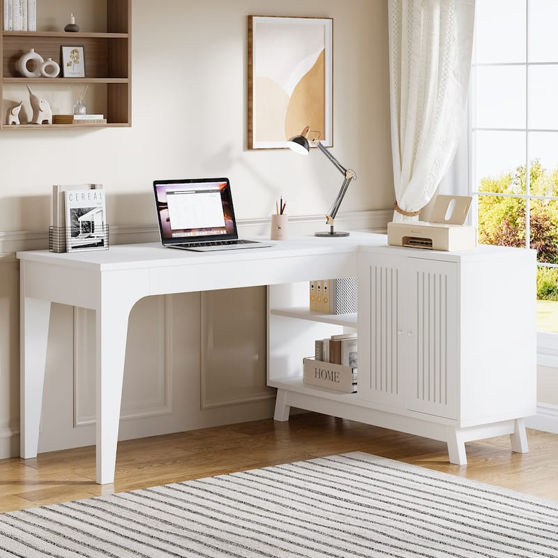 L-Shaped Desk with Storage Cabinet, 57-Inch Wood Corner Workstation