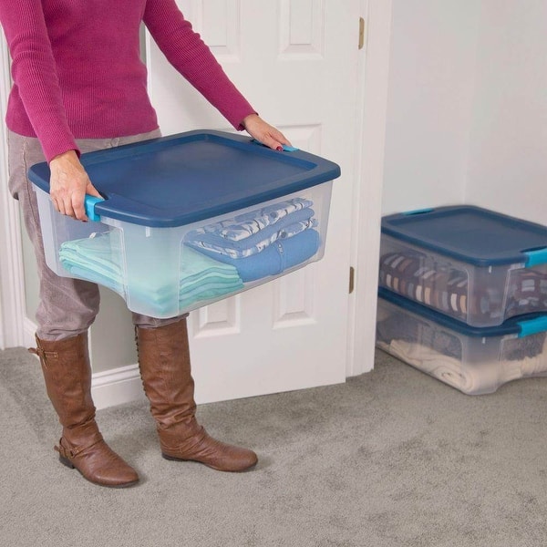 Sterilite Latching Plastic Storage Box with Blue Latches, 64 qt, Clear - 12 pack