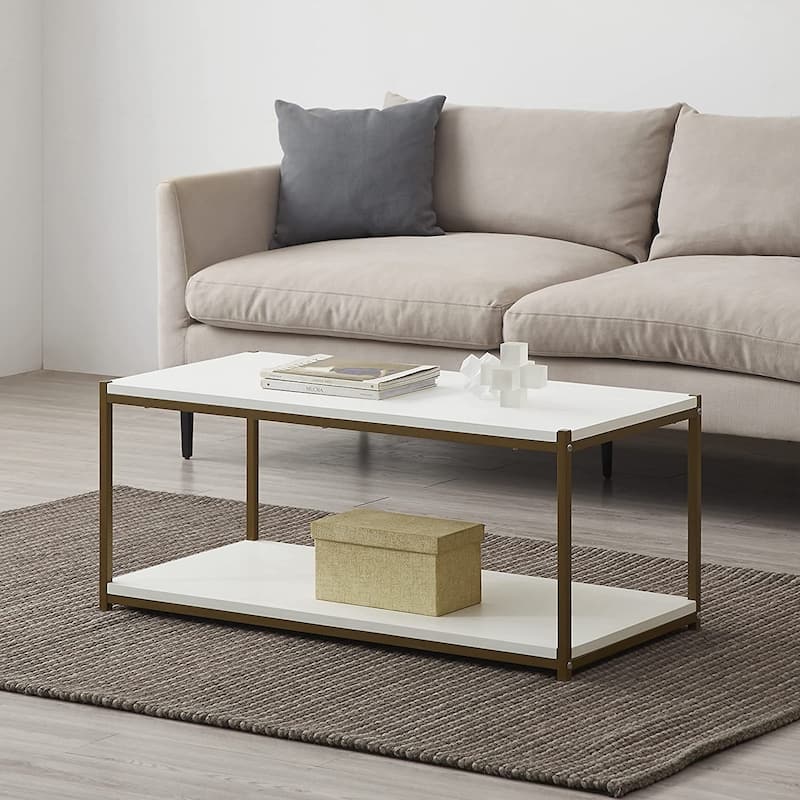 Caffoz Tall Center Table Coffee Table with Storage Shelf - White/Gold