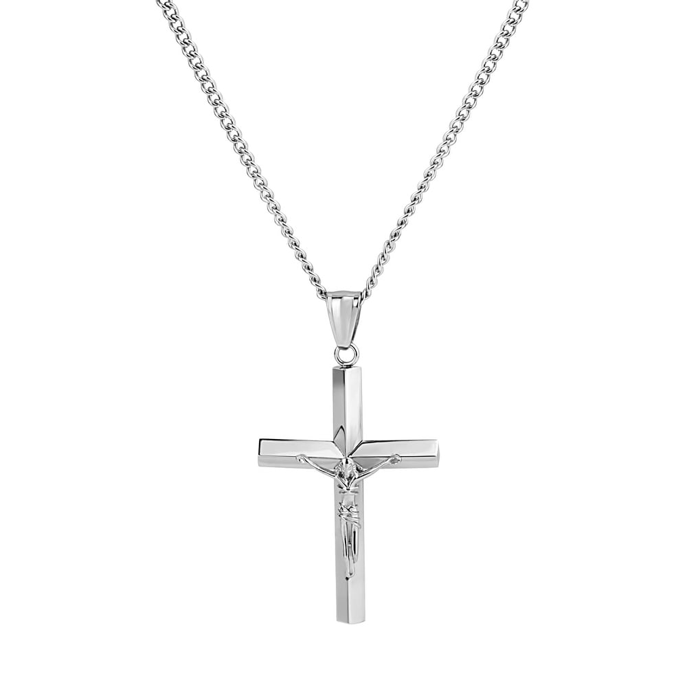 Finecraft Mens Gothic Cross Pendant with Onyx in Stainless Steel 24