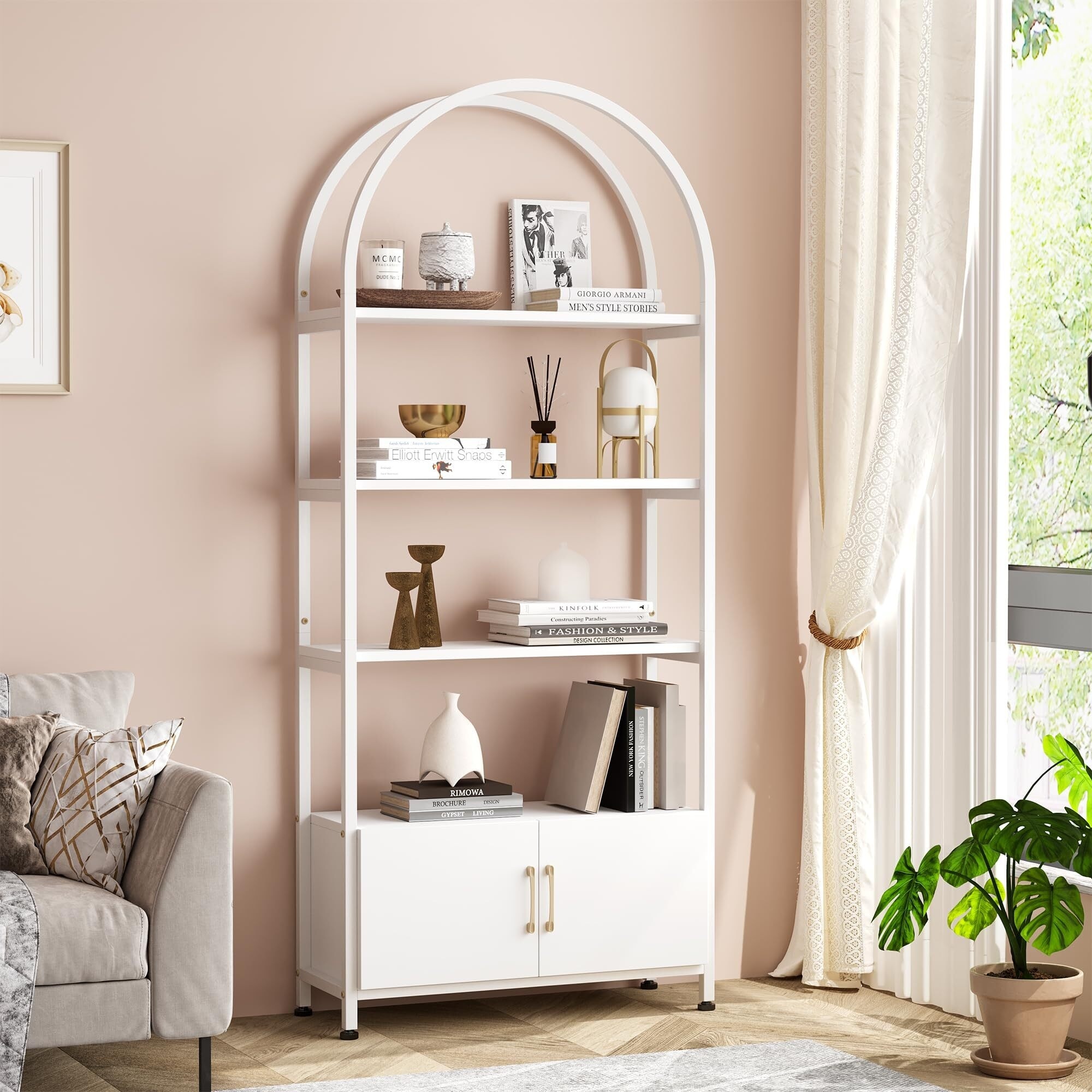 Arched Bookshelf 4-Tier Open Bookshelf with Drawers