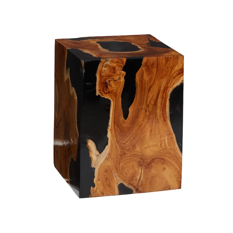 Teak Wood Abstract Block Accent Table with Black Resin Inlay - Brown - Roche River Decor - 11"Wx12"Lx15"H