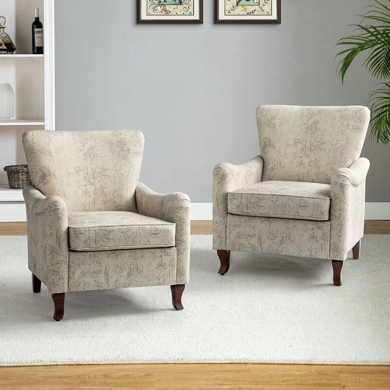Samouel Modern Floral Upholstered Armchair with Wingback Design Set of 2 by HULALA HOME - LINEN
