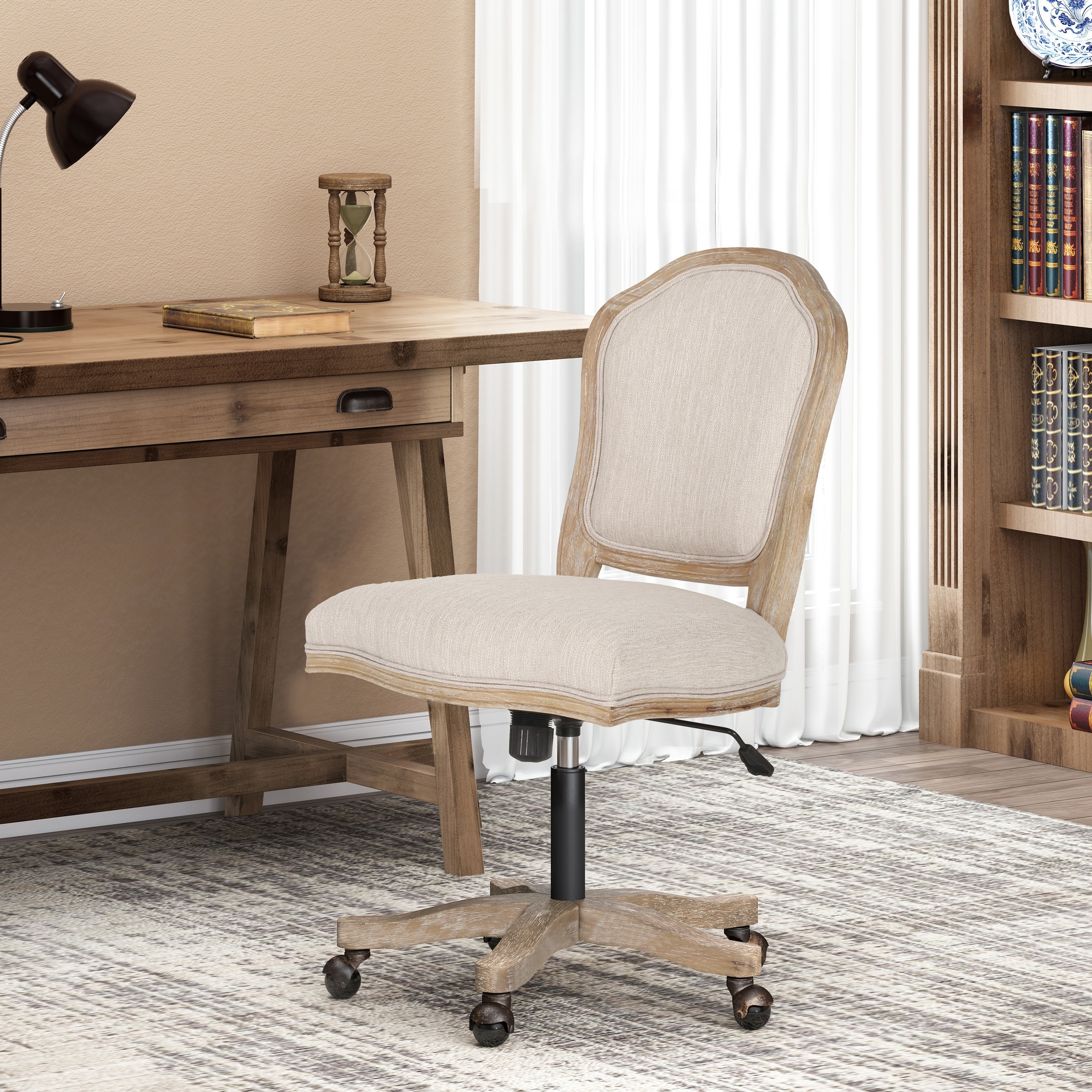 French Country Style Swivel Office Chair with Gas Lift Adjustable Height, Fabric Upholstered Rolling Desk Chair