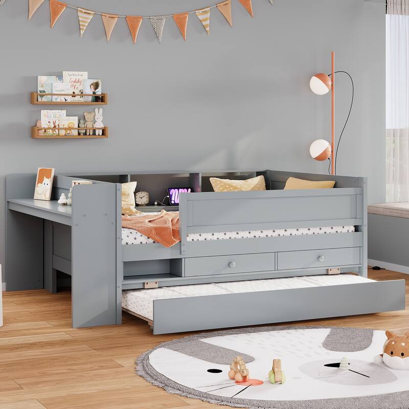 Gray Multi-Functional Twin Daybed with Headboard Storage, Drawers, Trundle - Gray