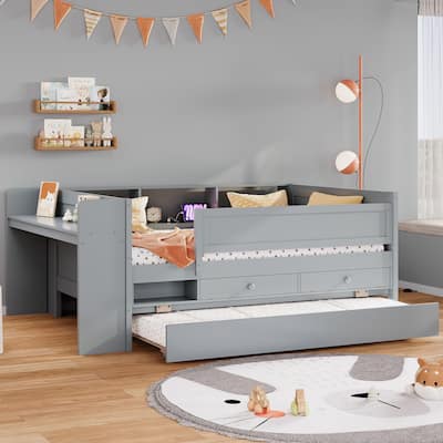 Twin Daybed with Trundle, Desk, Drawers, USB Charging Station, and Storage Compartments, Ideal for Sleepovers and Study