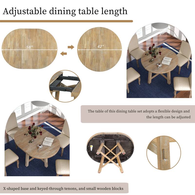 5 Piece Wood Round Extendable Dining Table Set with 4 Upholstered Chairs