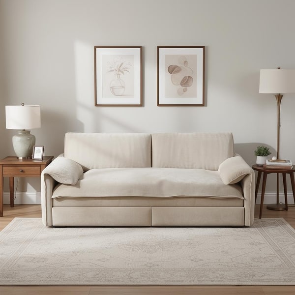 Homy Casa 66" Queen Pull-Out Sofa Bed with Storage, Velvet Loveseat - Beige