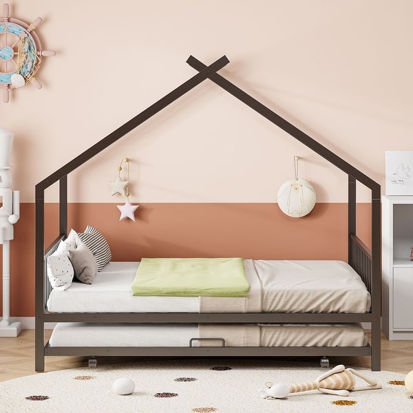 slide 2 of 30, Full Size Metal House Bed with Twin Size Trundle