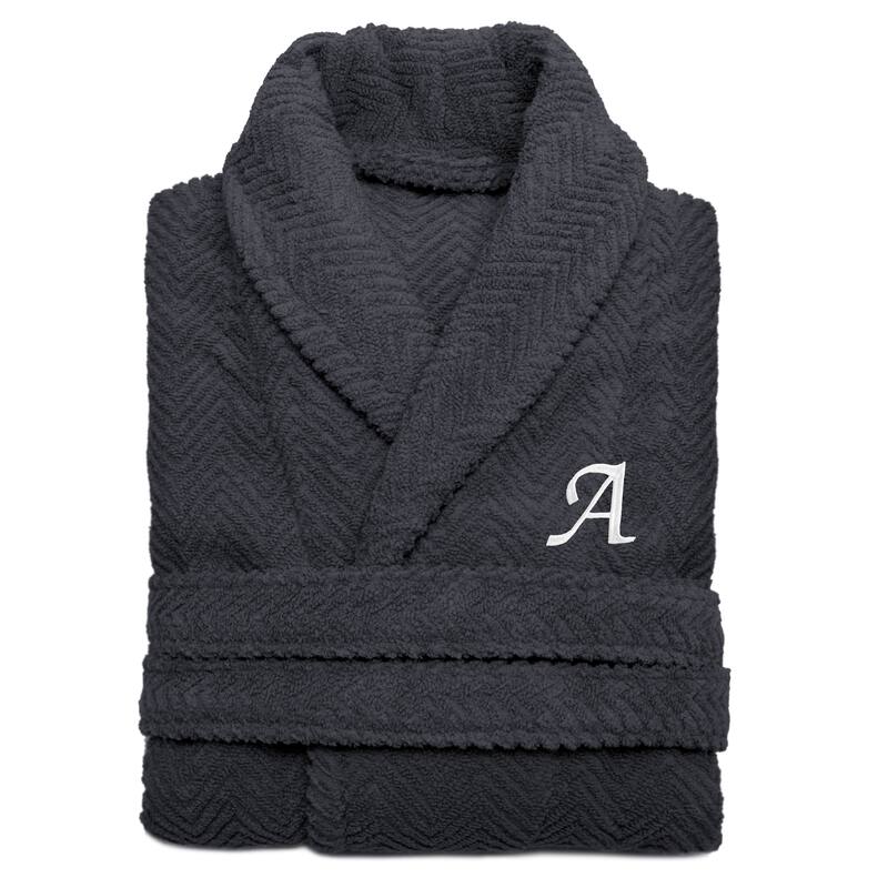 Authentic Hotel and Spa Charcoal Grey with White Monogrammed Herringbone Weave Turkish Cotton Unisex Bath Robe - S/M - A