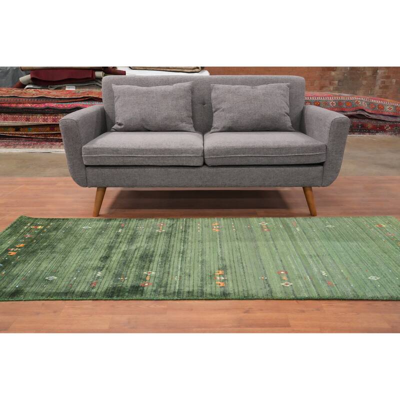 Hand Knotted Oriental Viscose Silk Carpet Tribal Animal Pictorial Green Gabbeh Runner Rug - 7' 5'' X 2' 10''