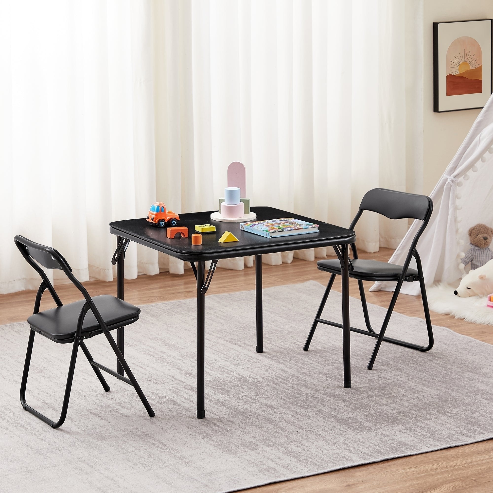 VECELO 3-Piece Black PU Leather Kids Folding Activity Table Set