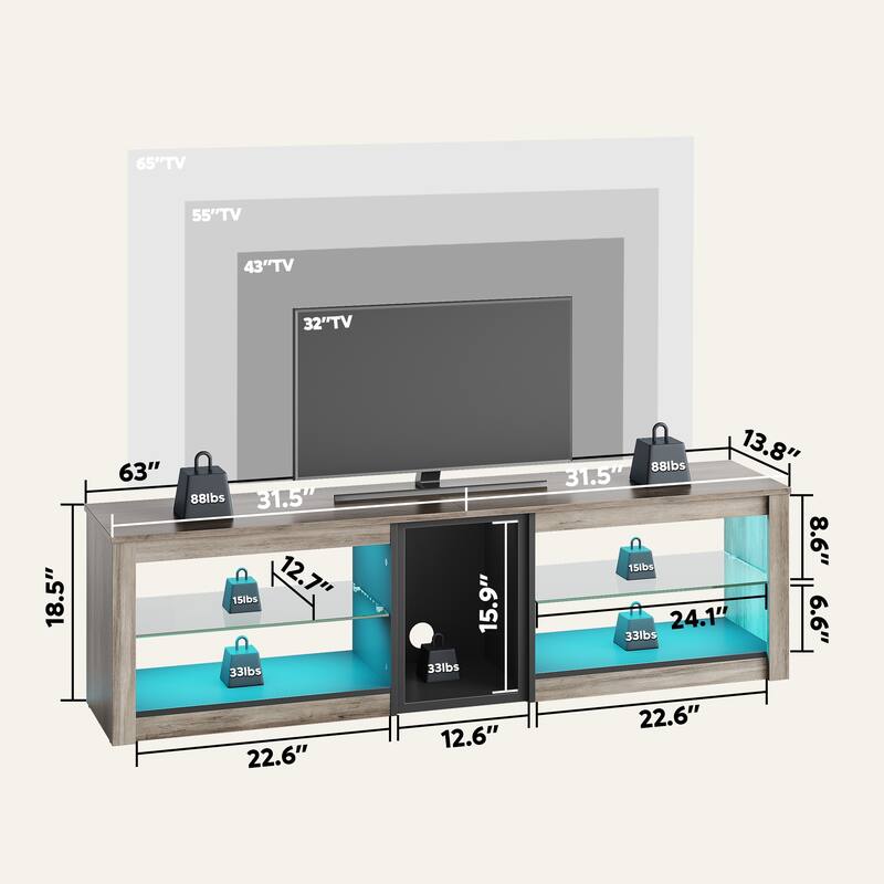 63" TV Stand Gaming Entertainment Center for TVs up to 70" with LED Lights Cabinet and Shelves