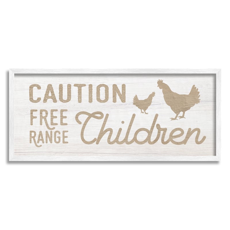 Stupell Caution Free Range Children Sign Funny Farm Chickens Framed Wall Art - 30 x 13 - White