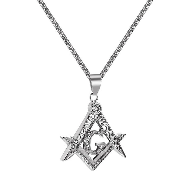Masonic G Pendant Stainless Steel Freemason Simulated Diamonds Free Necklace 24"