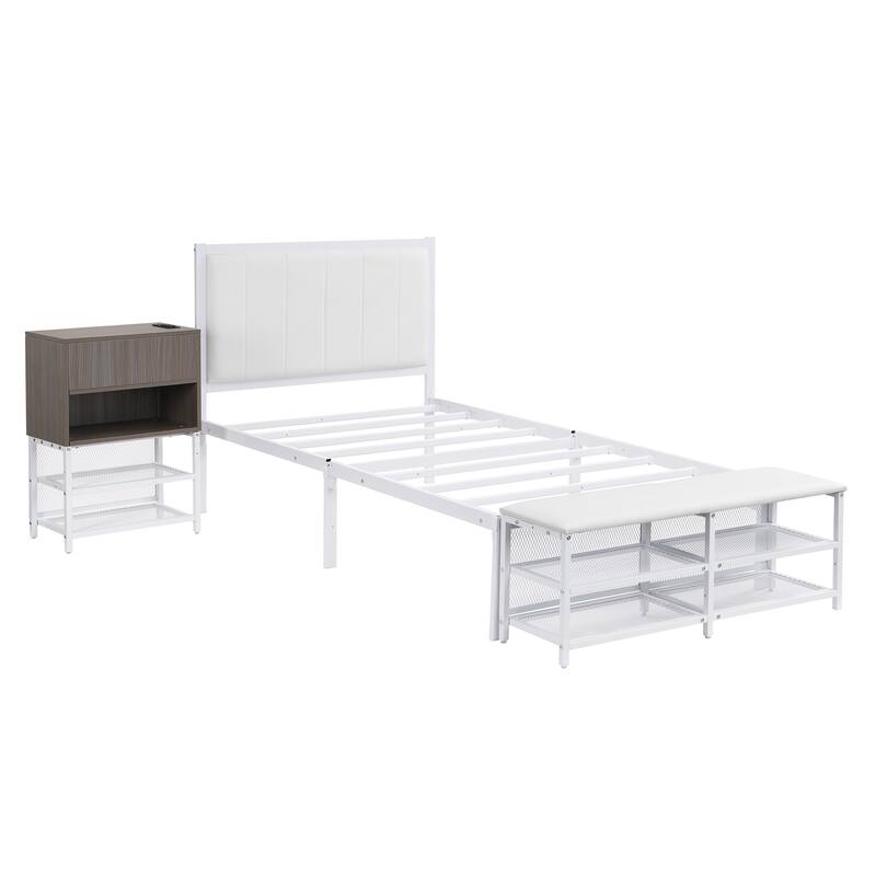 Twin Size Metal Platform Bed Frame with Two-Tier Storage Shelves and Wooden Cabinet, Sleek and Functional for Bedroom