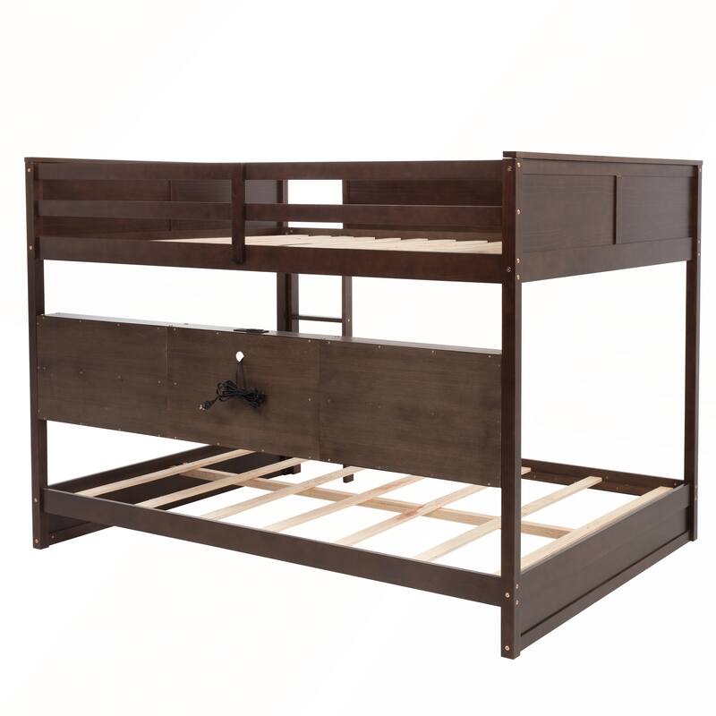 Queen Over Queen Bunk Bed with Built-in Storage Cabinets and Charging Station