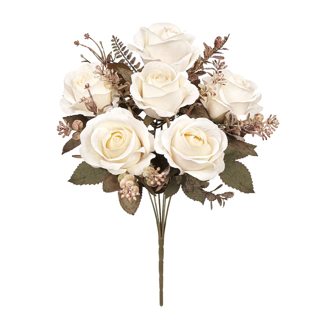 Set of 2 Cream Ivory Artificial Rose Flower Stem Bush Bouquet 15in - 15" L x 8" W x 8" DP
