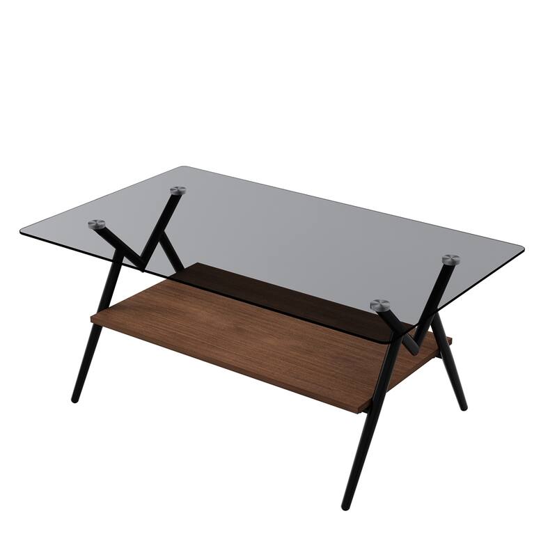 Modern Rectangle Coffee Table with Tempered Glass top and Metal Legs