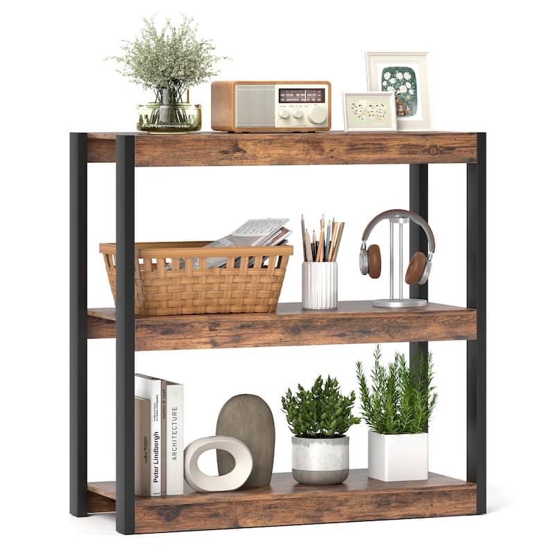 Gymax 3 Tier Bookshelf Wooden Bookcase w/ Dual Anti-Tipping Kits Open - Rustic Brown, Black