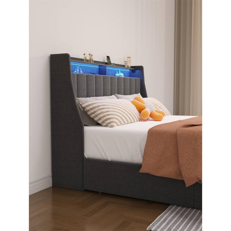 Stripe Upholstered Platform Bed with Wingback LED Headboard & 4 Large Capacity Sliding Drawer, Steel Slat Support Bed Frame