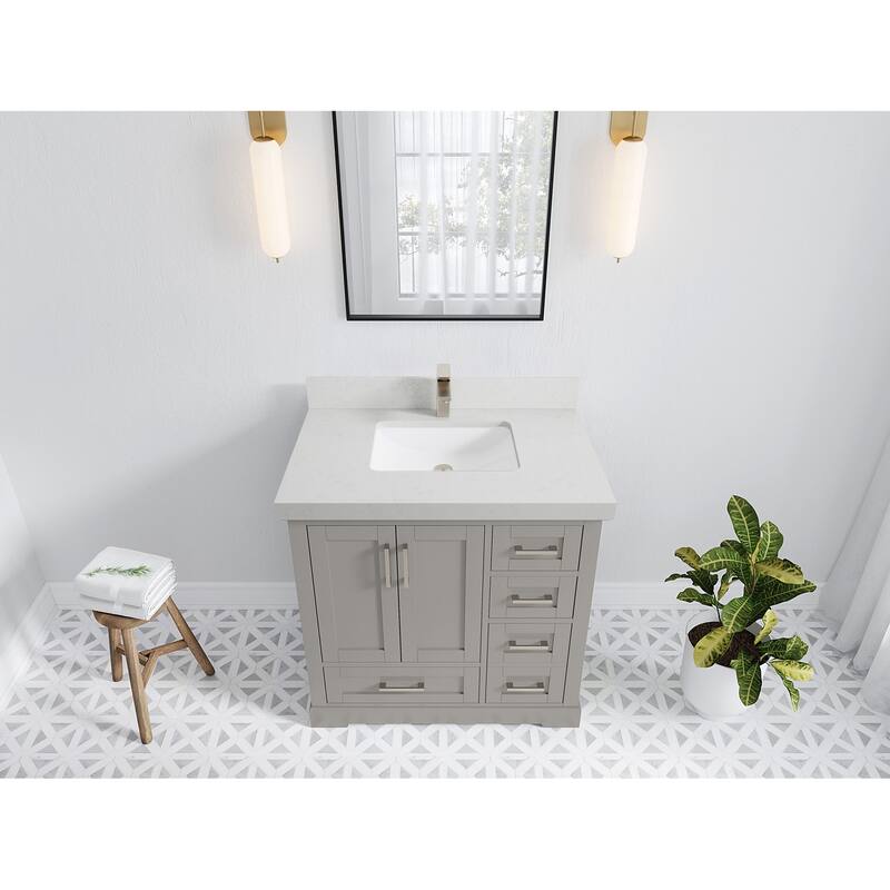 Willow Collections 36 x 22 Boston Center Sink Left Bathroom Vanity with Countertop - 2"Carrara Quartz - Elephant Skin Gray