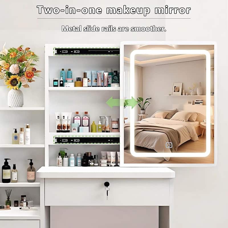 Vanity Desk With Sliding Mirror And Lights, Makeup Vanity , Power Outlet, 3 Color Adjustable Lighting Modes