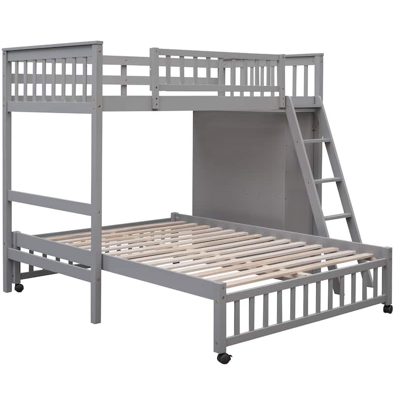 HomeRoots Gray Twin Over Full Solid Wood Bunk Bed With Drawers And Storage