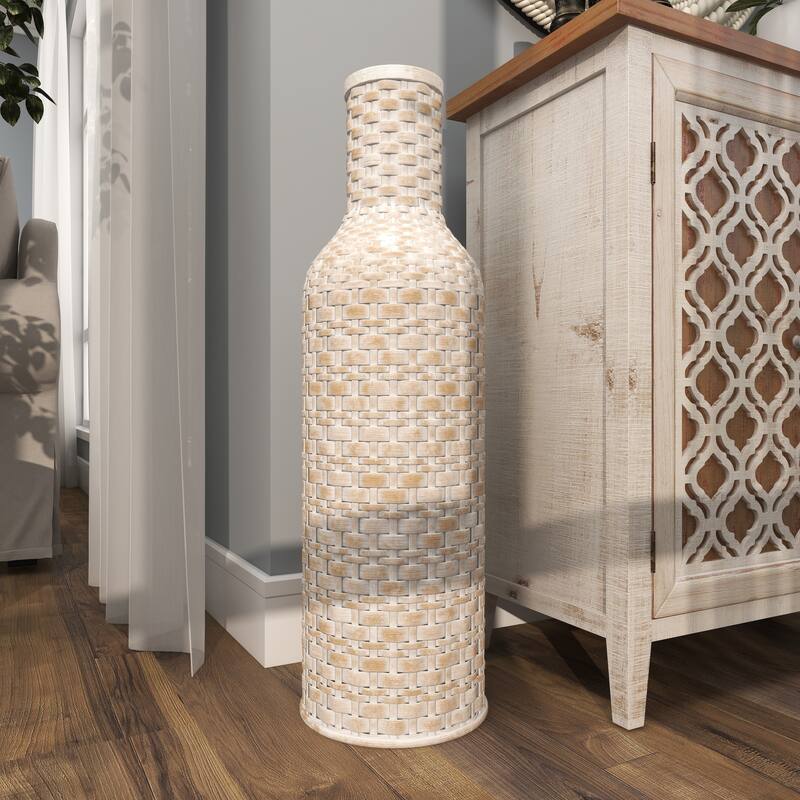 Intricately Woven Tall Bamboo Wood Floor Vase - White or Brown