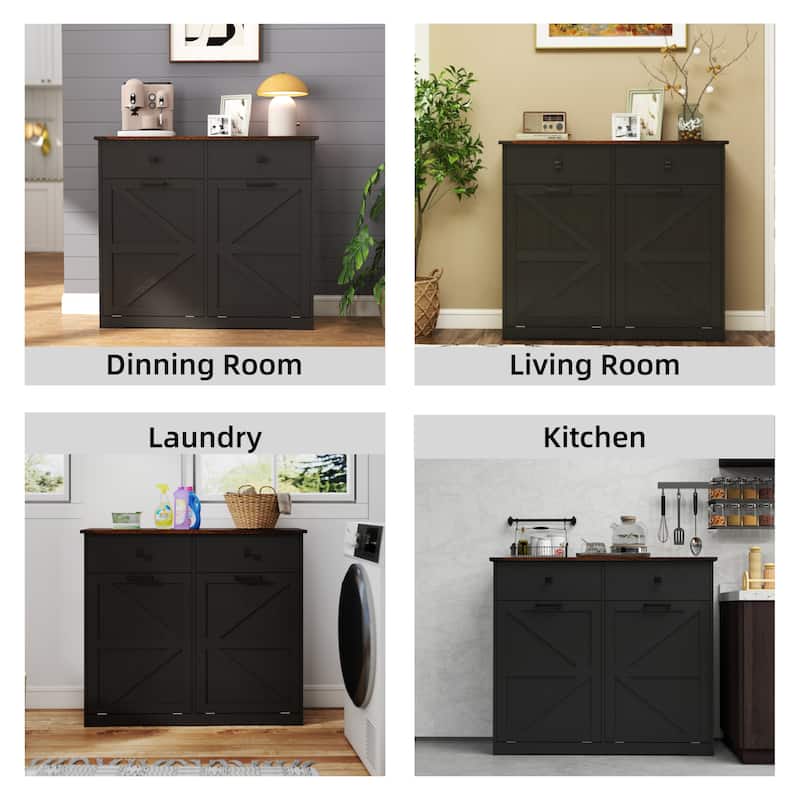 Farmhouse Double Tilt Out Trash Cabinet, Free Standing Recycling Cabinet with Hideaway Drawer, Barn Door Laundry Sorter Cabinet