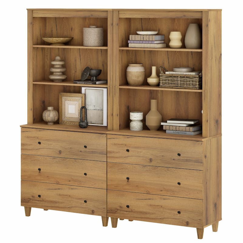 Modern 71" Tall Bookcase with Drawers & Open Shelves for Home Office - 2 Column 3-Tier - Dark Brown Wood