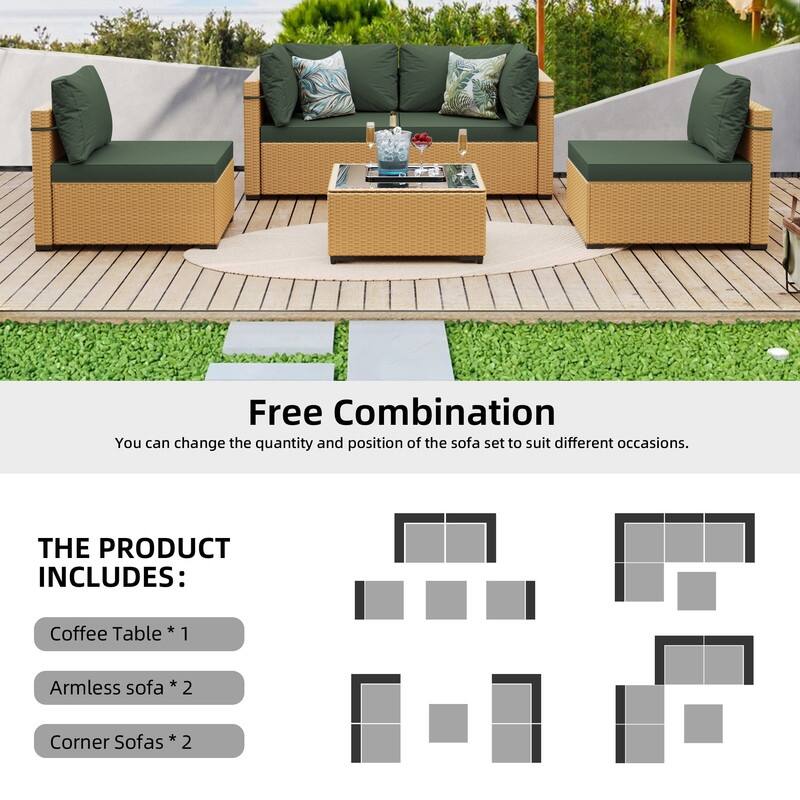 Patio Watcher 5-Pieces Yellow Rattan Conversation Set with Cusions for Outdoors