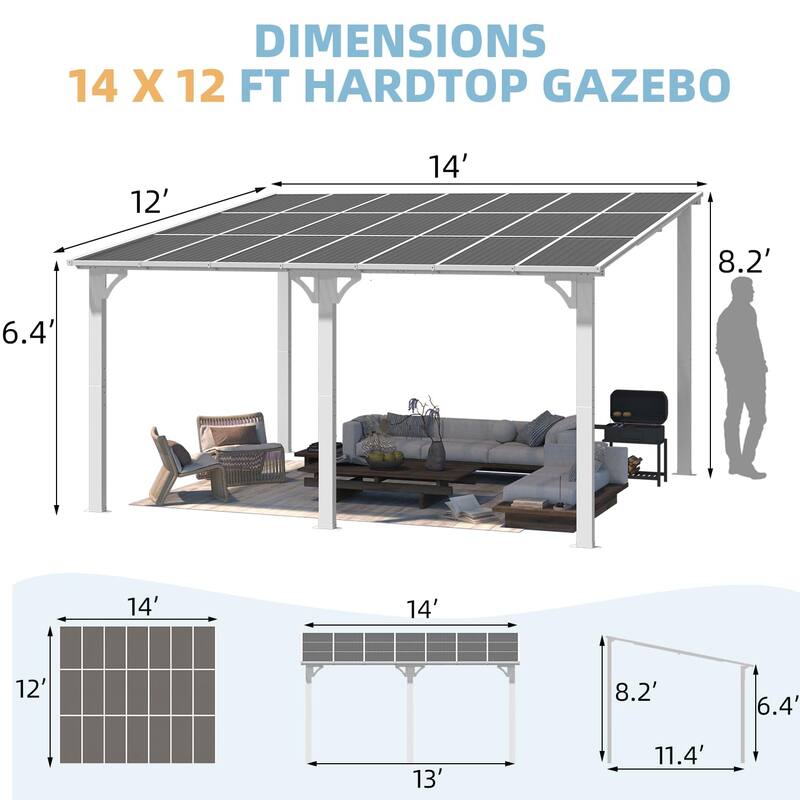 12x14ft Lean to Gazebo Hardtop Wall Mounted Gazebo