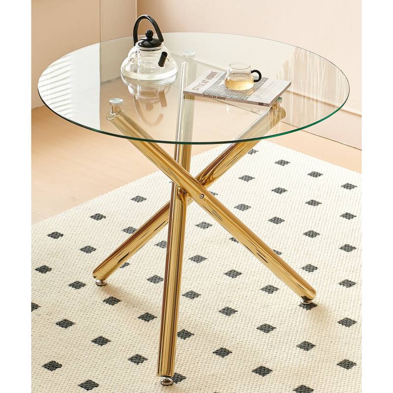 Round Dining Table with Metal leg and Tempered glass,Modern Space Saving Kitchen Table for Living Room - Golden