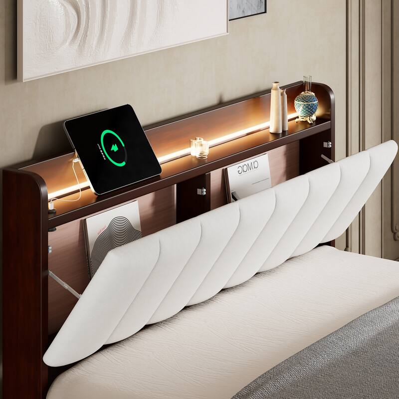 Walnut Led Platform Bed: Usb Charging, Linen Storage Headboard - Bed 