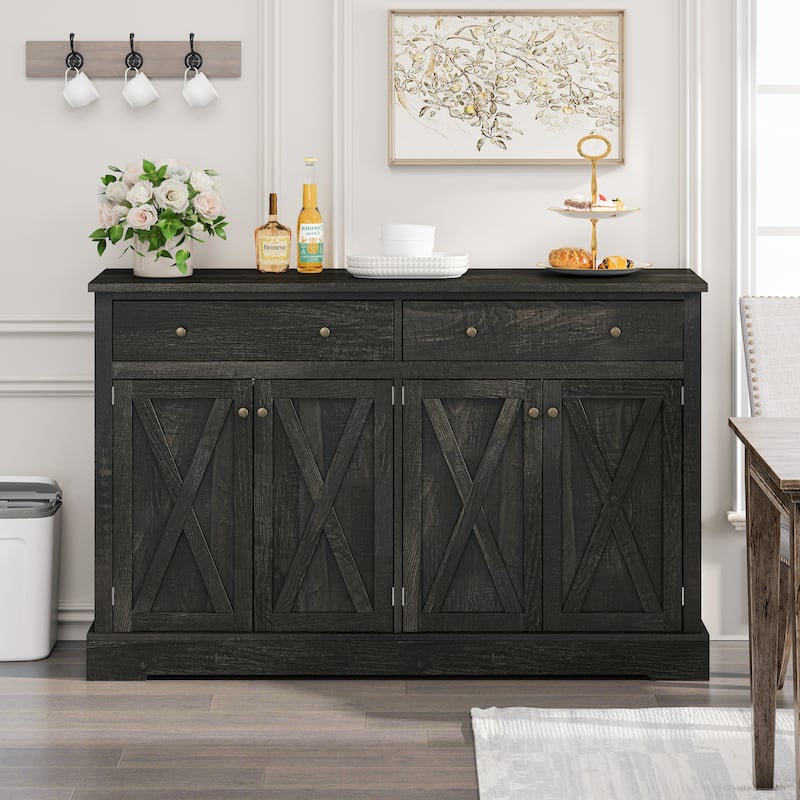 Coffee Bar Cabinet with Sliding Barn Doors, Buffet Cabinet with 2 Drawers, Storage Cabinet with Adjustable Shelves - Black Brown