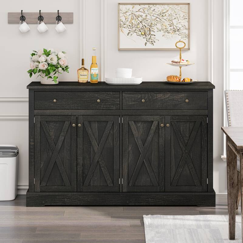 Retro-Style Sideboard Buffet Cabinet Storage cabinet with 2 Drawers and Adjustable Shelves, for Dining Rooms, Black Brown - Brown