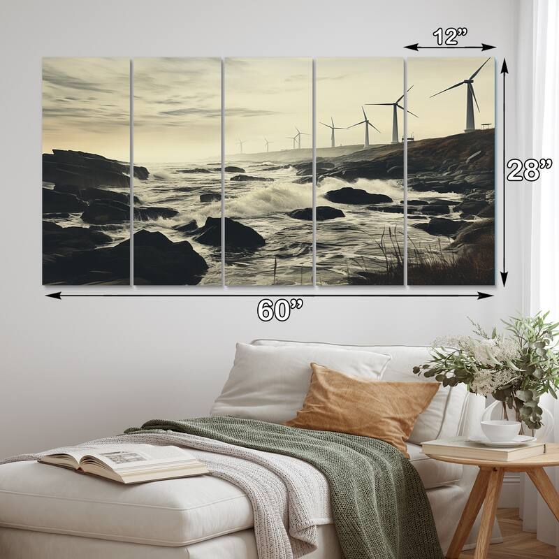 Designart "Wind Turbines Monochrome Coastal Harvest" Landscapes Multipanel Canvas Print set