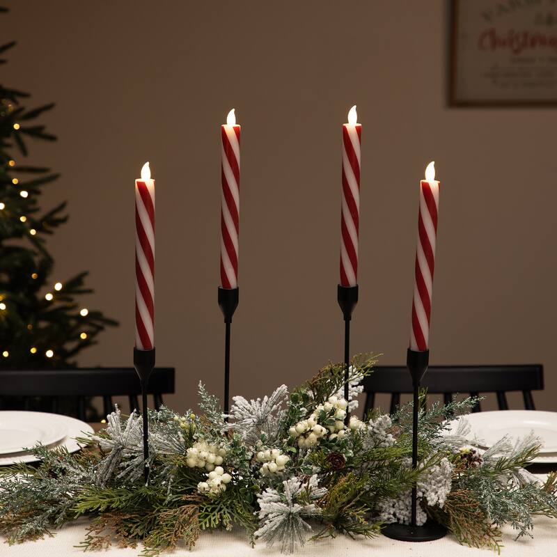 Flickering Candy Cane Striped Flameless Tapered Christmas Candles - 9.5" - Red and White - Set of 4