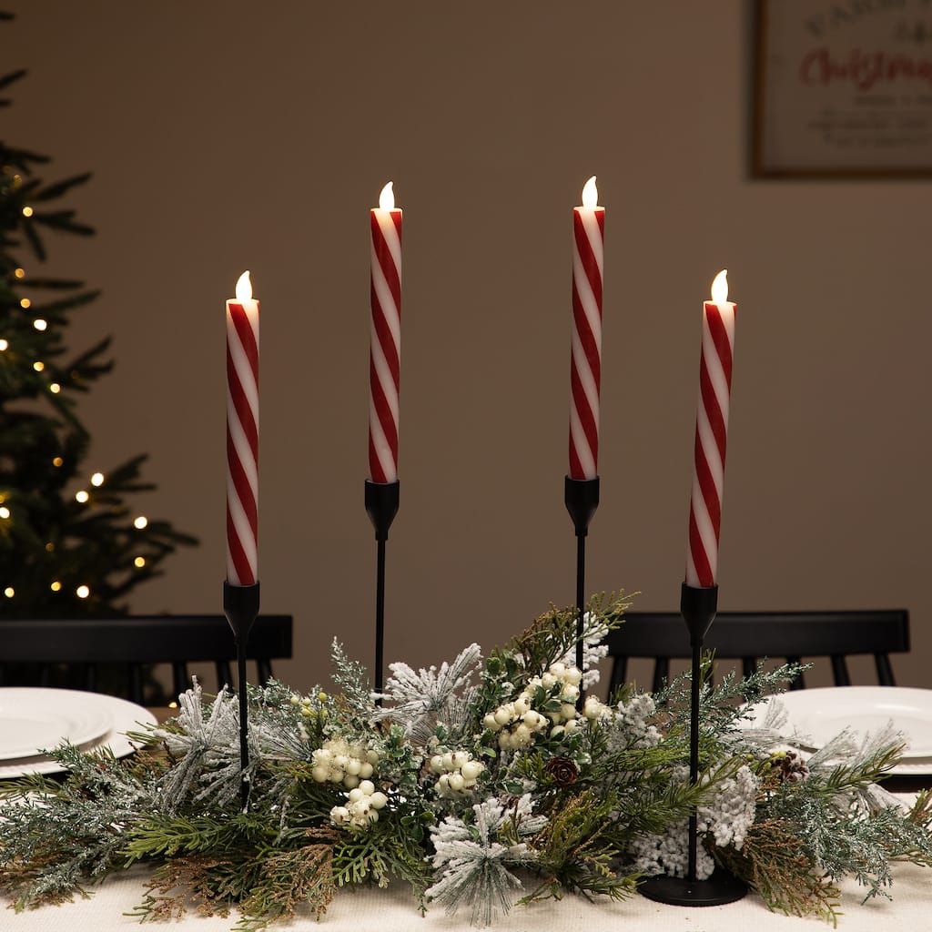 Flickering Candy Cane Striped Flameless Tapered Christmas Candles - 9.5" - Red and White - Set of 4
