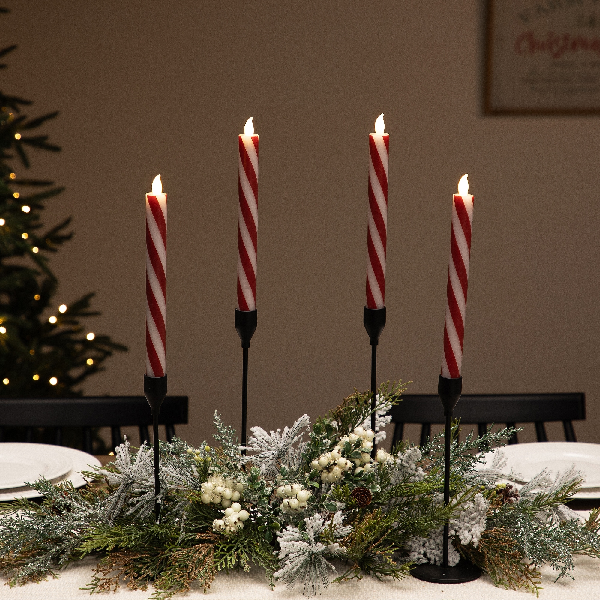 Flickering Candy Cane Striped Flameless Tapered Christmas Candles - 9.5" - Red and White - Set of 4