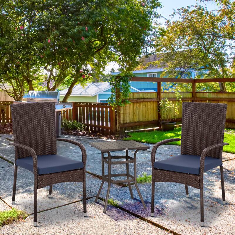 Outsunny Stackable PE Rattan Outdoor Dining Chairs with Cushion, Patio Wicker Dining Chair with Armrests and Backrest for Patio - Blue