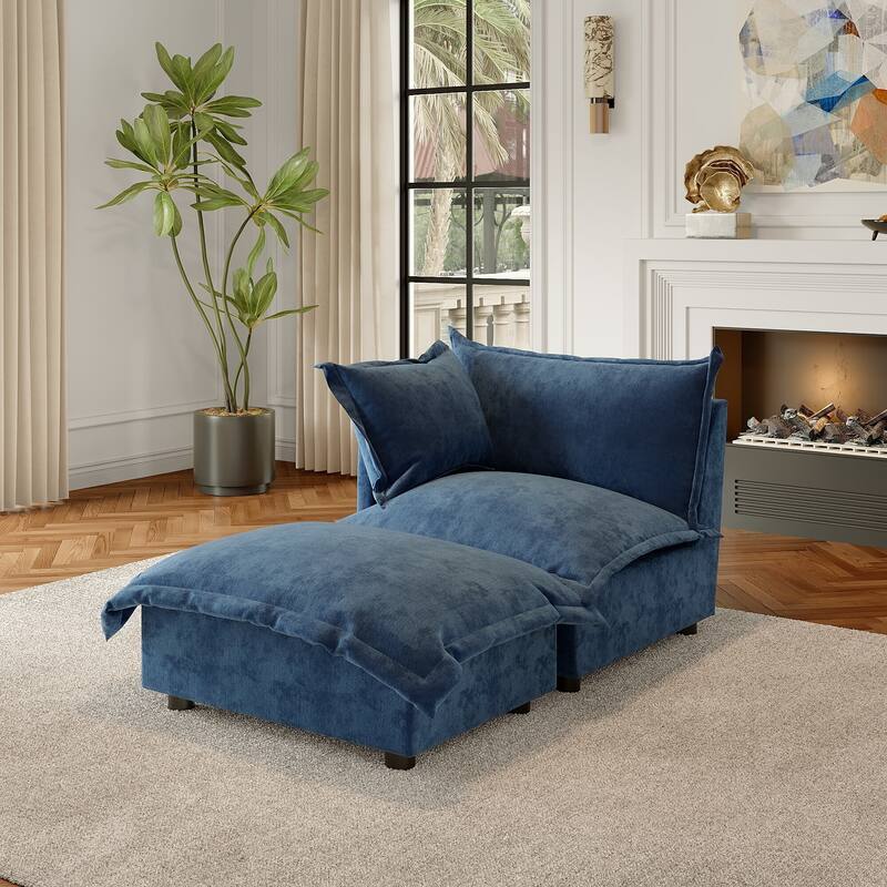 Modern Cloud Chaise Longue Accent Chair with Ottoman set - Corner Chair+ottoman - Navy-left