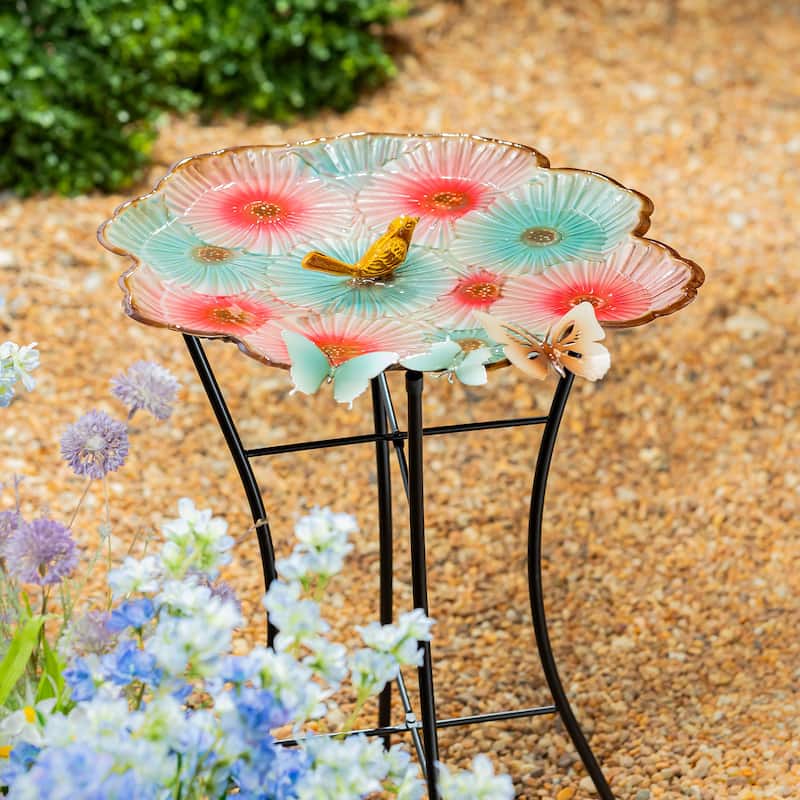 17" Metal Sculpted Edge Bird Bath, Butterfly & Flowers