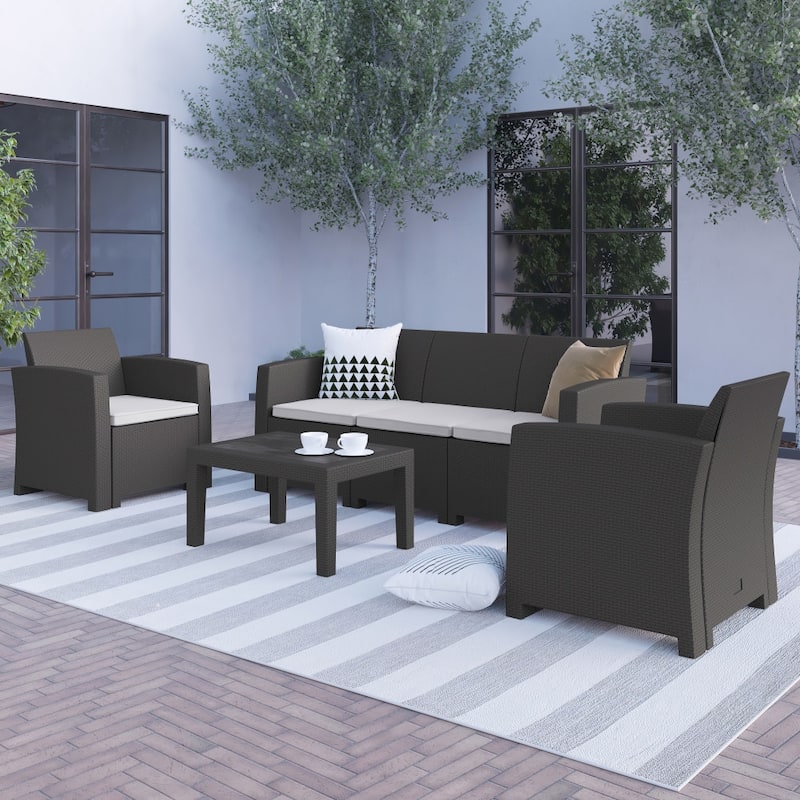 4 Piece Outdoor Faux Rattan Chair, Sofa and Table Set - Dark Grey