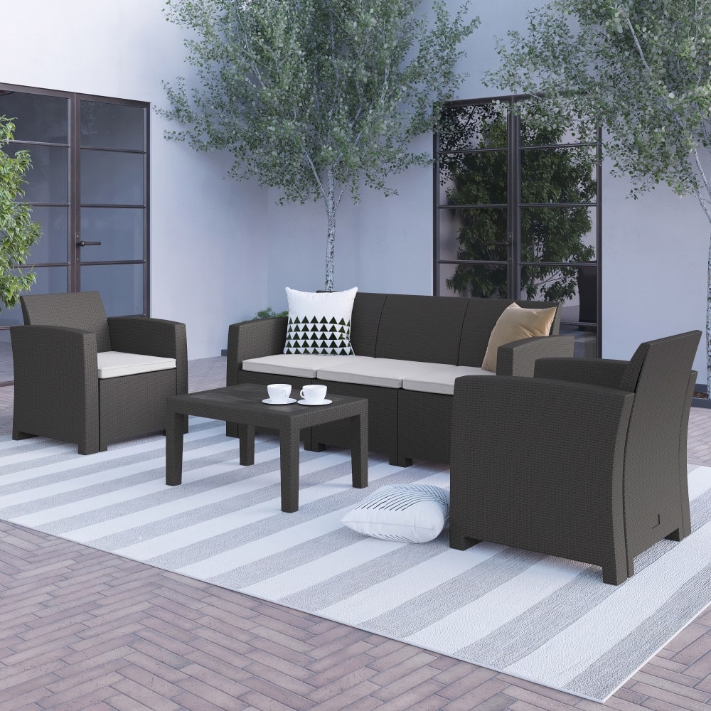 4 Piece Outdoor Faux Rattan Chair, Sofa and Table Set - 27"D x 26.75" - 67.5"W x 30"H