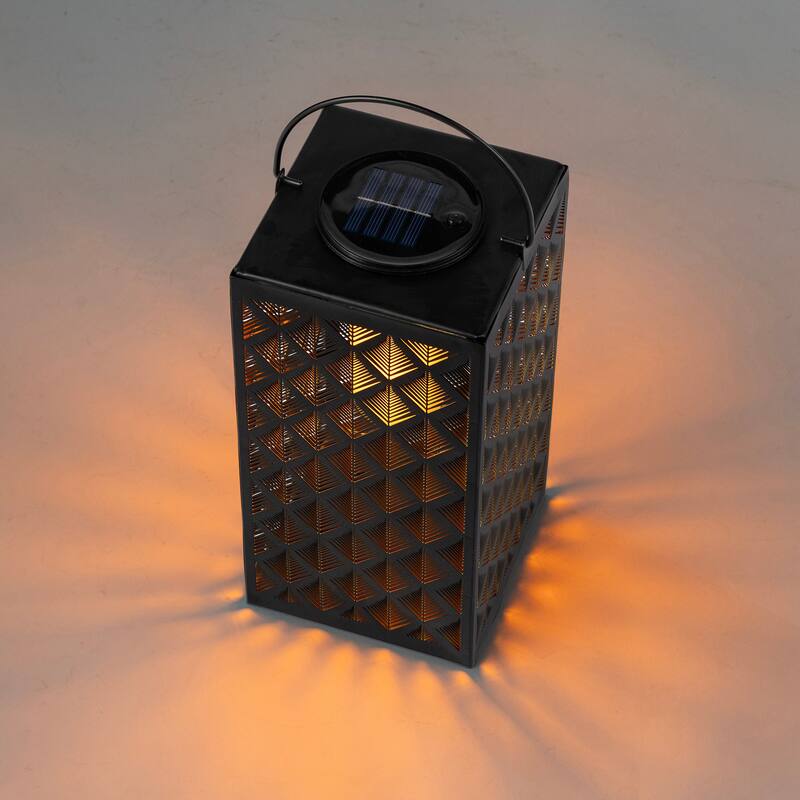 Glitzhome 11"H Black Metal Cutout or Square Textured Glass Pattern Solar Powered Hanging Lantern with LED Light