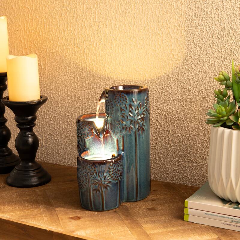 Glitzhome 10"H 3-Tier Turquoise Ceramic Tabletop Fountain with Pump and LED Light