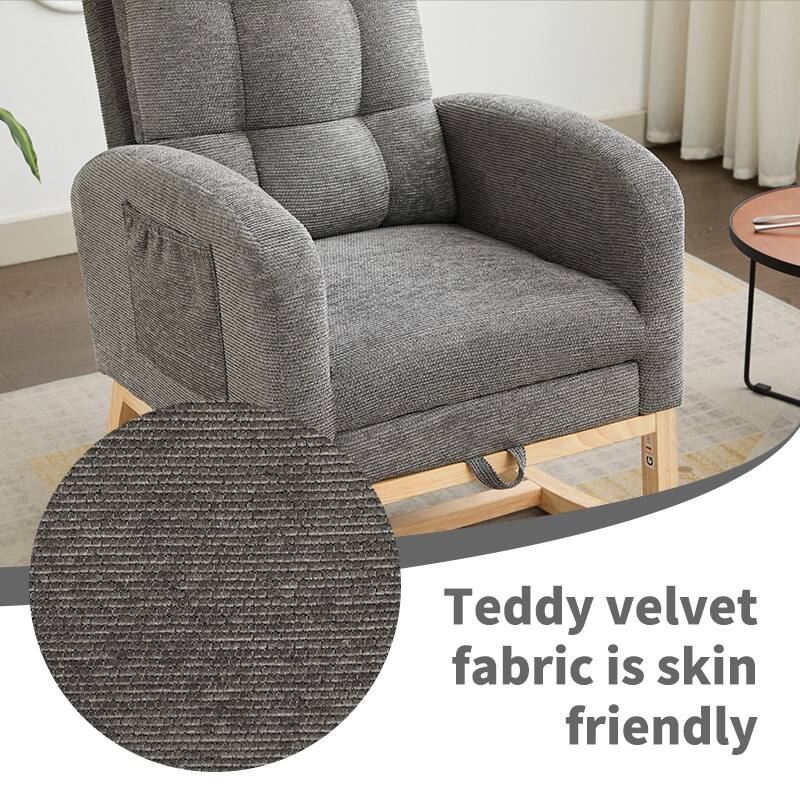Modern Accent Rocking Chair Solid Wood Legs Adjustable Footrest Side Pocket High Backrest Living Room