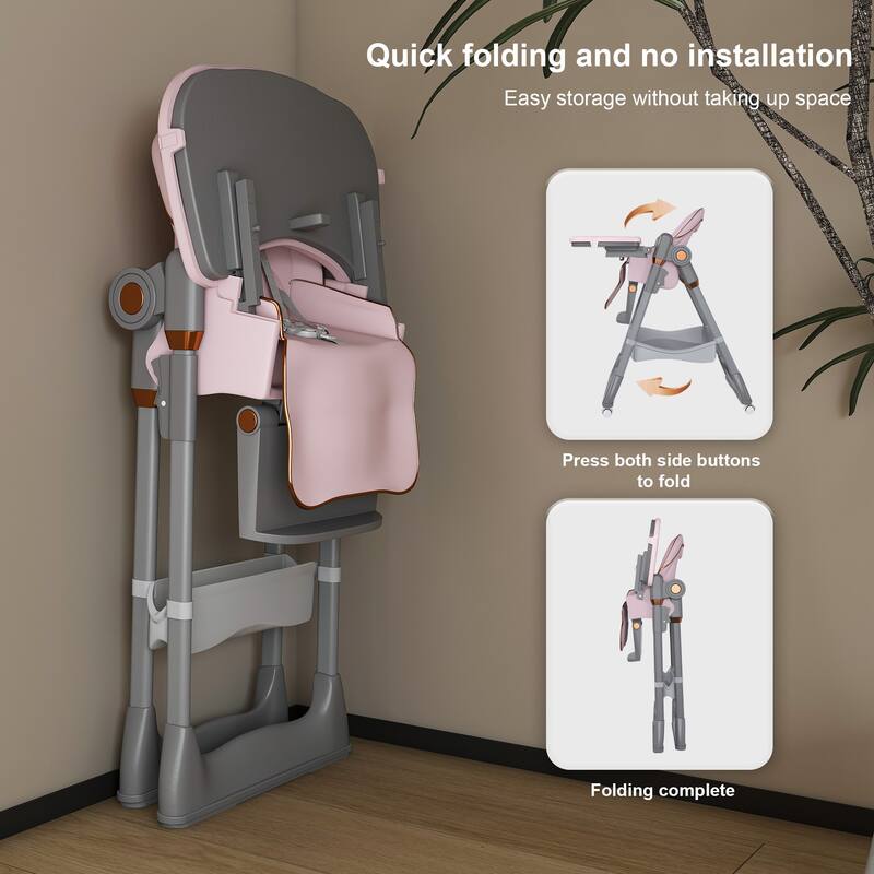 Adjustable Foldable Baby High Chair with Tray and Wheels for 0 6 Years